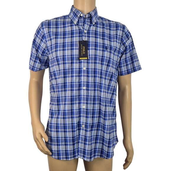 Polo Ralph Lauren Men's Shirt Size M Short Sleeve Plaid Dk Blue Performance (60) - Picture 2 of 13
